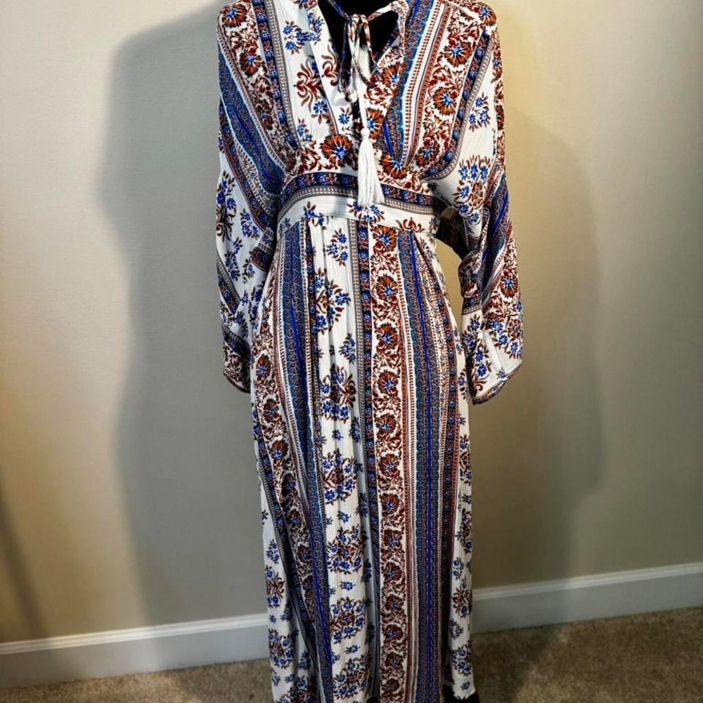 Maxi Dress -‎ White & Blue with Tie Waist